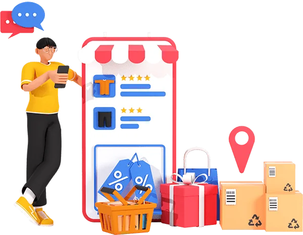 a 3d illustration of an ecommerce store with mobile phone and man stood using the website