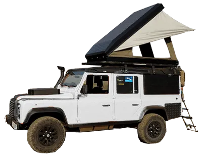 bundutec overlanding tent shoing the tent fully unfolded and mounted on top of a 4x4